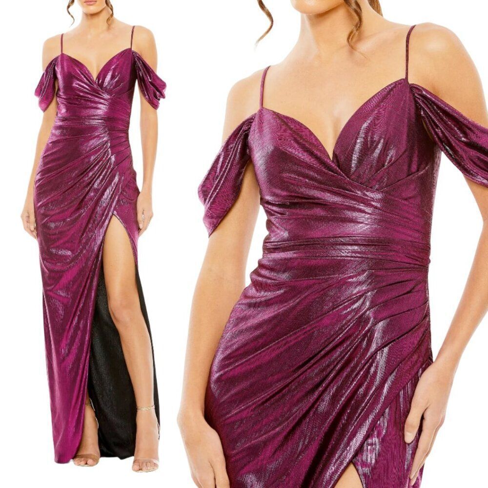 Mac Duggal 27091 Size 12‎ Off The Shoulder Pink Metallic Long Maxi Gown Dress